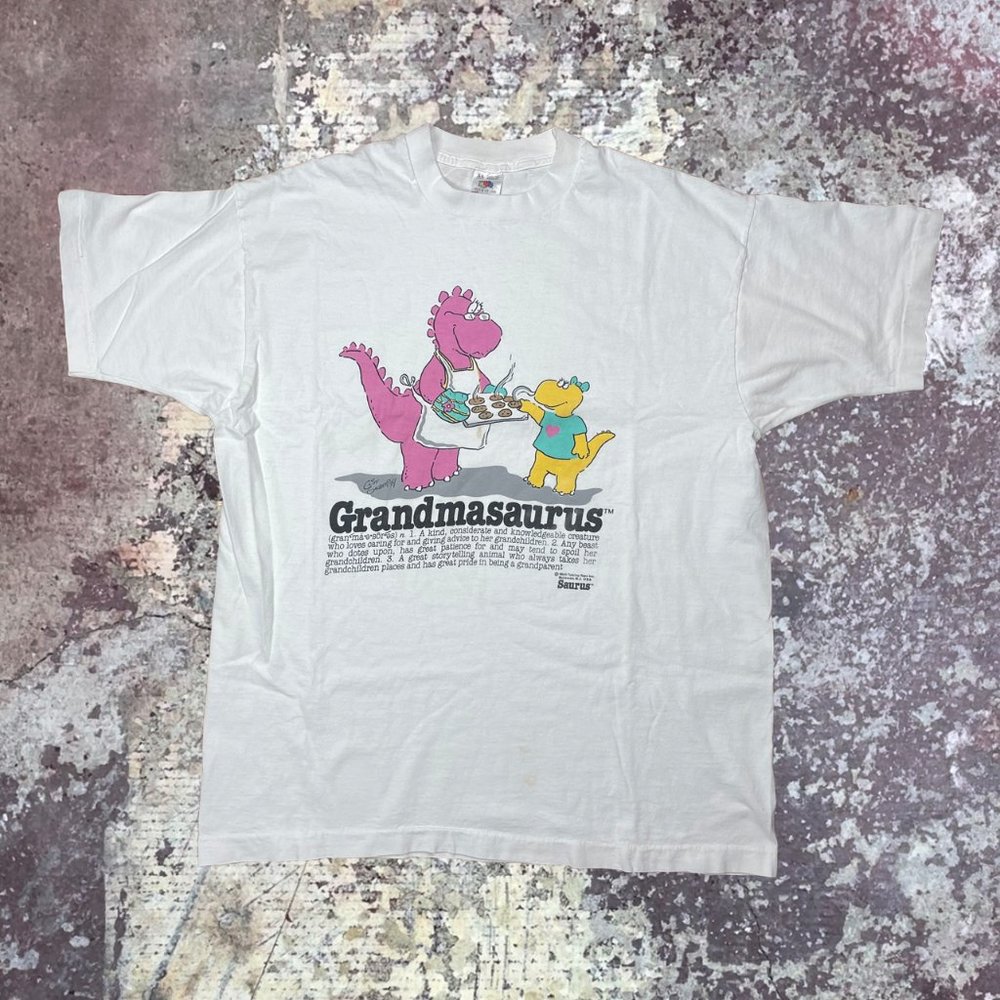 80s Grandmasaurus Vintage Grandma Dinosaur Funny White 1988 T-Shirt FOTL XL